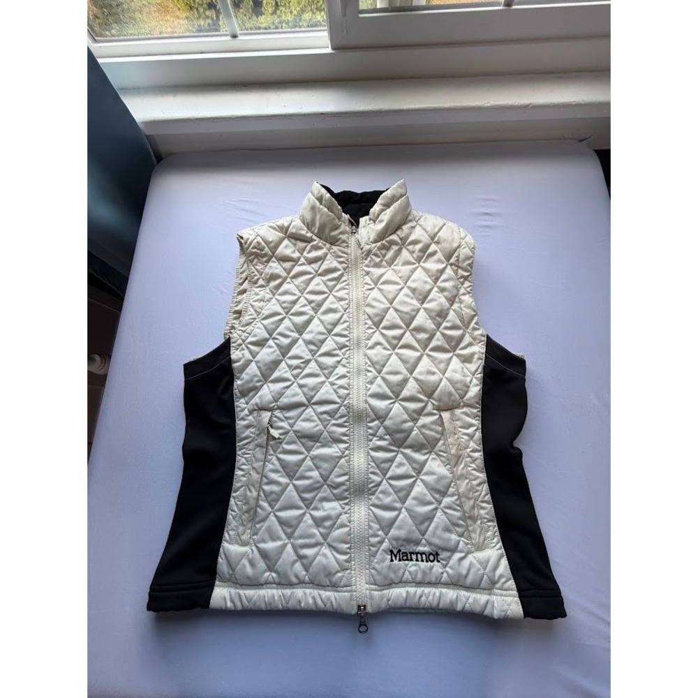 Marmot Womens Quilted Vest Cream Black Full Zip Sleeveless Jacket Large